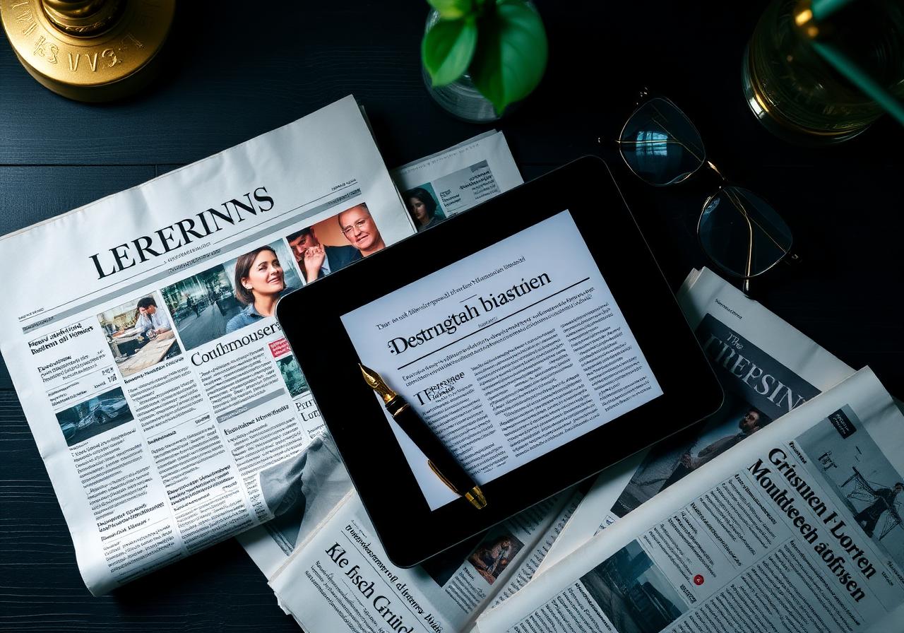 Tageszeitungen und Tablet mit Wirtschaftsnachrichten auf einem Schreibtisch